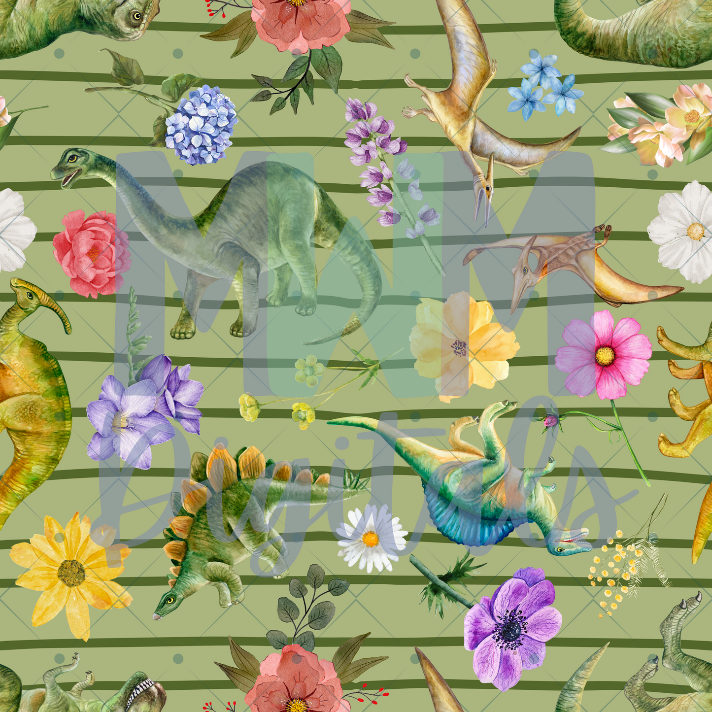 Floral Dinosaurs Green Seamless File